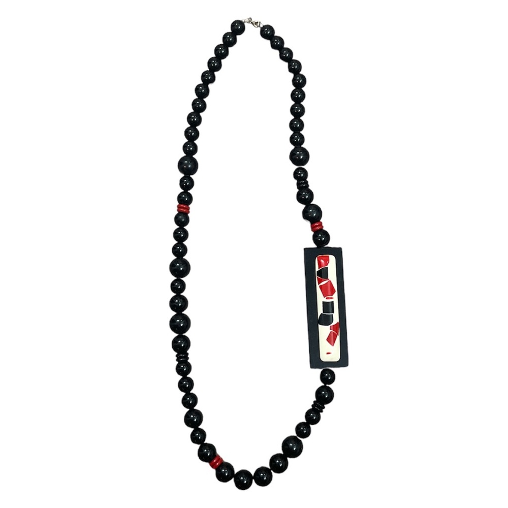 Vintage Beaded Necklace Black Red White Plastic